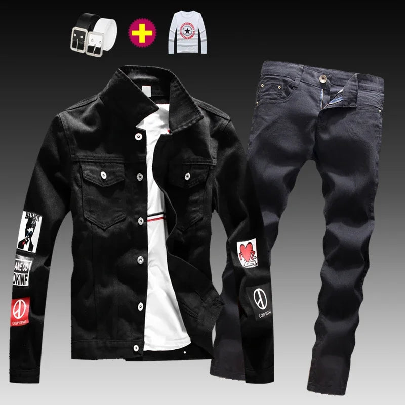 Men's Washed Denim Solid/Peace Sign Patch Design Jean Jacket + Ruched Skinny Jeans 2-Piece Set