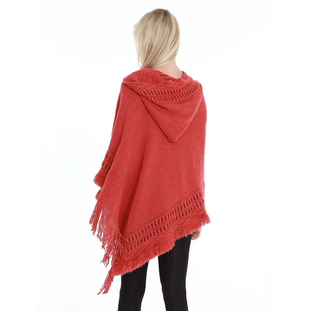 Fringe Tassel Women's Knitted Hooded Crochet Shawl Wrap Sweater