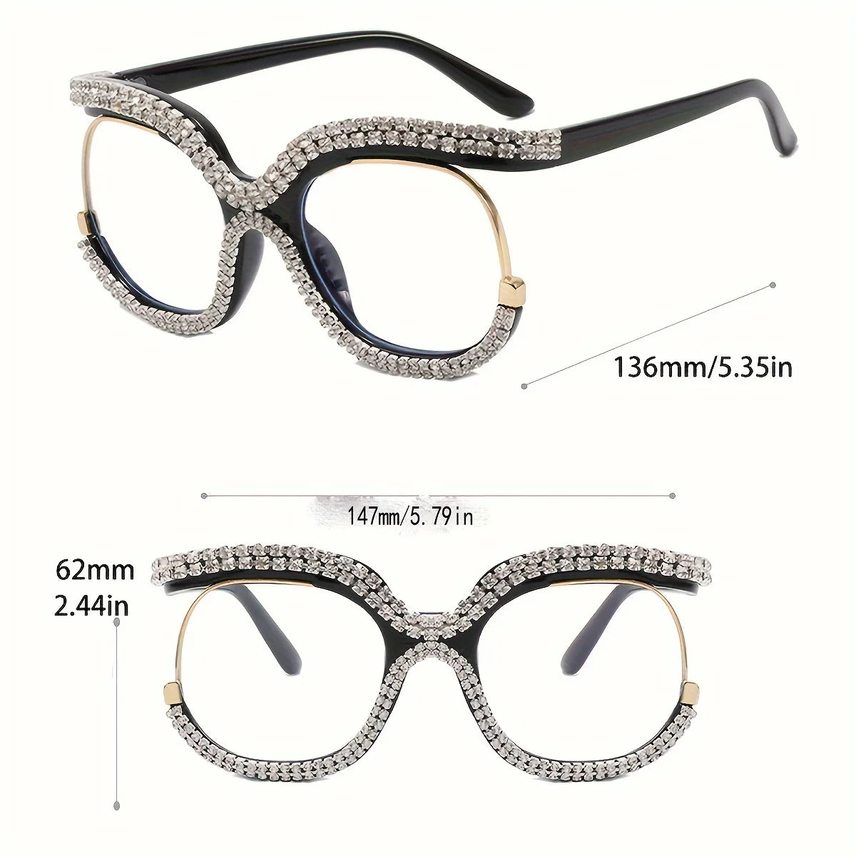 Rhinestone Crystal Decor Round Oversized Reading Eyeglasses