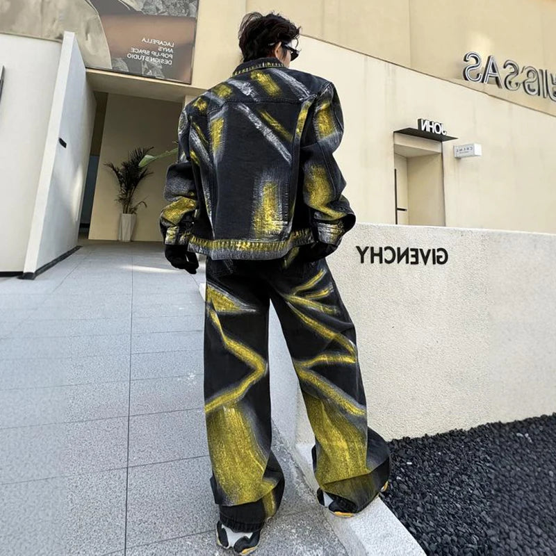 Men's Black/Yellow Colorblock Gradient Painted Design Denim Jean Jacket + Baggy Denim Jeans 2-Piece Set