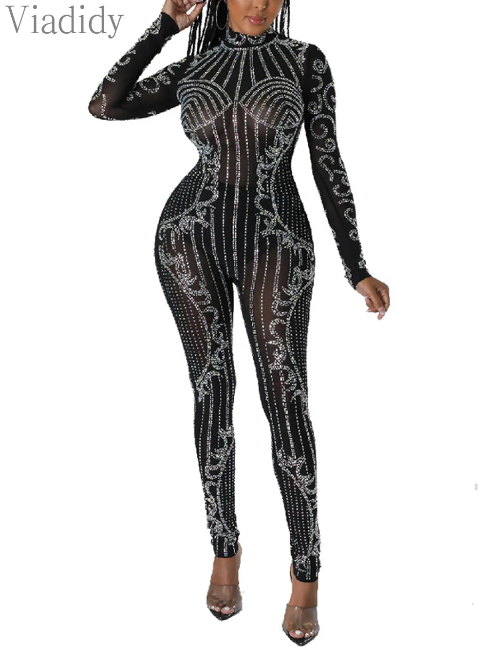 Sheer Mesh Rhinestone Long Sleeve Skinny Jumpsuit