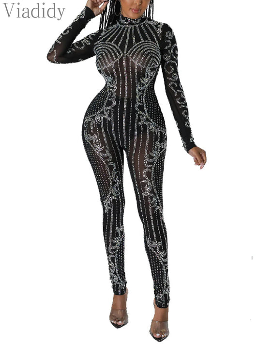 Sheer Mesh Rhinestone Long Sleeve Skinny Jumpsuit