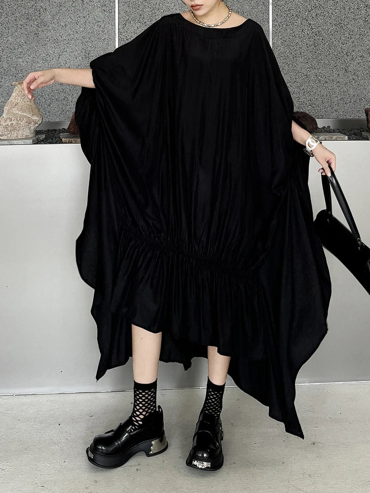 Oversized Black Pleated Irregular Long Dress O-Neck Half Sleeve Dress