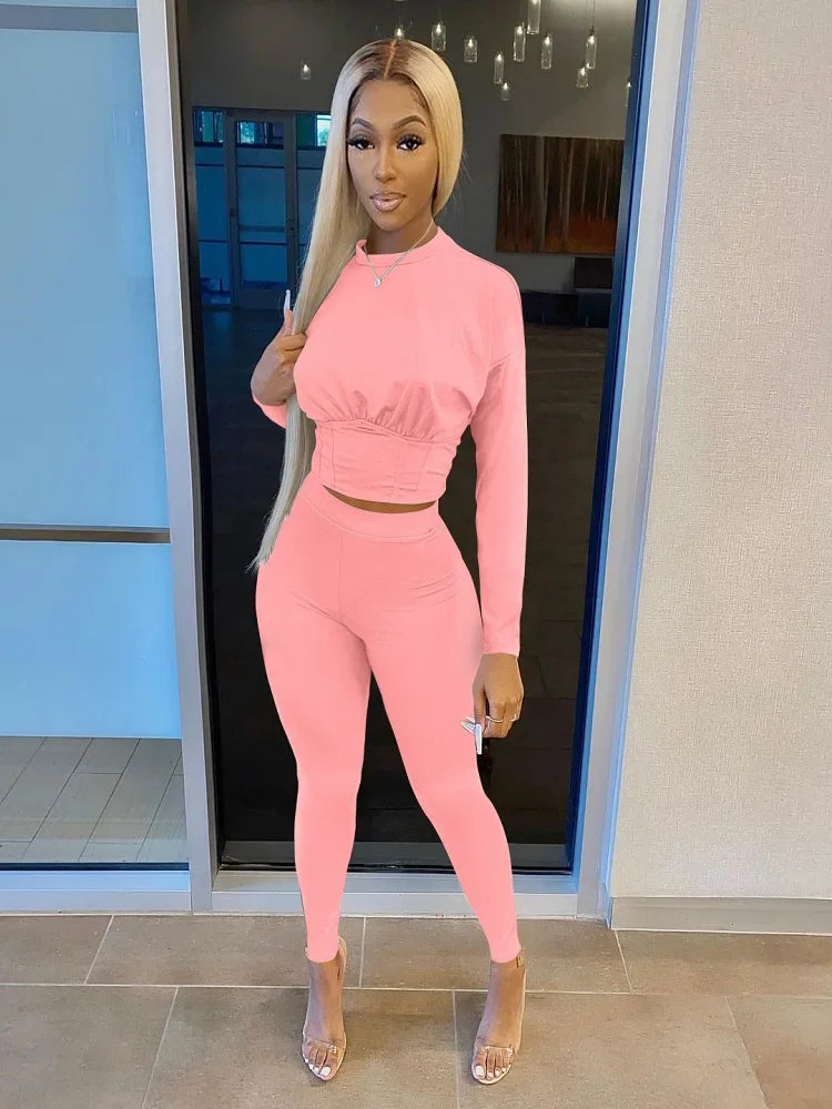 Ruched Fitted O-Neck Solid Color Women's Long Sleeve Crop Top + Leggings Tracksuit