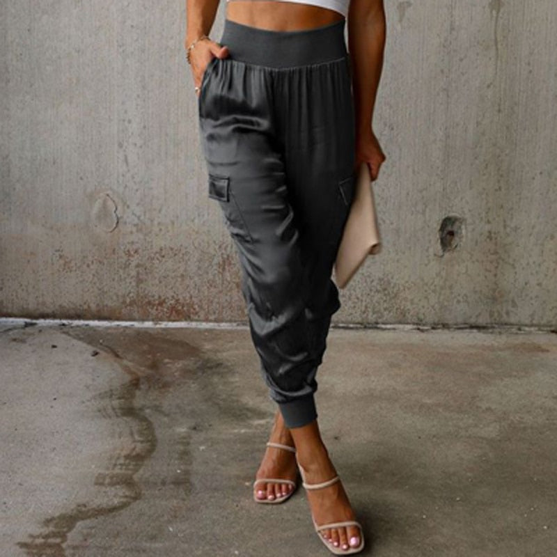 Satin Solid Color Women's Elastic Waist Cargo Pants