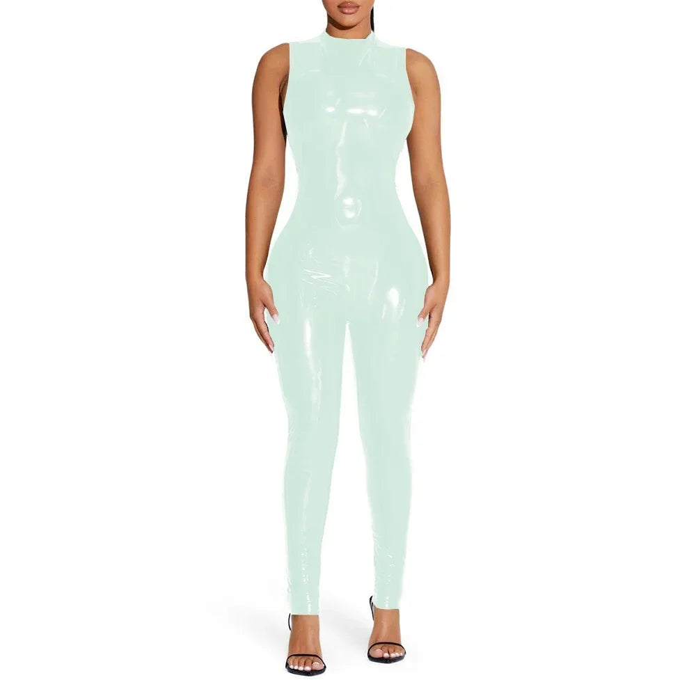 Shiny Solid Color Sleeveless PVC PU Leather Women's Pants Jumpsuit