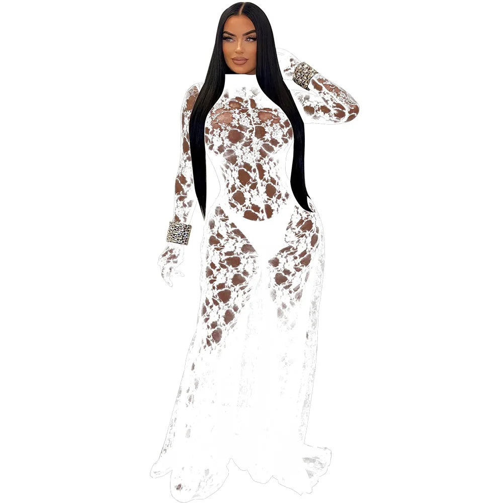 Lace Mesh Transparent Hollow-Out Women's Long Sleeve Bodycon Backless Wide Leg Jumpsuit