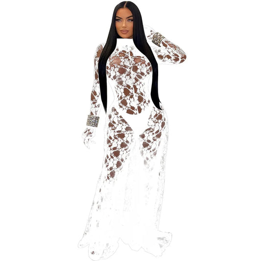 Lace Mesh Transparent Hollow-Out Women's Long Sleeve Bodycon Backless Wide Leg Jumpsuit