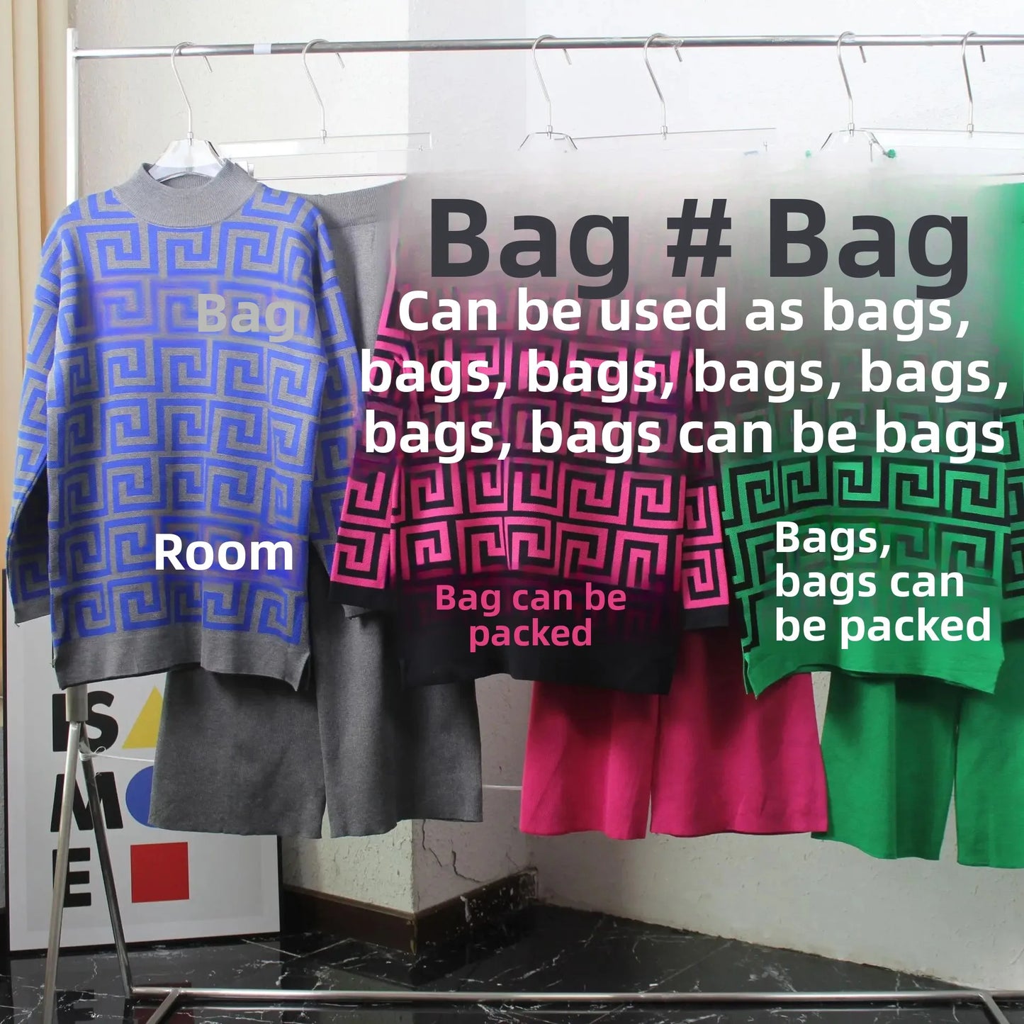 Geometric Colorblock High Collar Sweater + Wide Leg Pants Women's 2-Piece Set