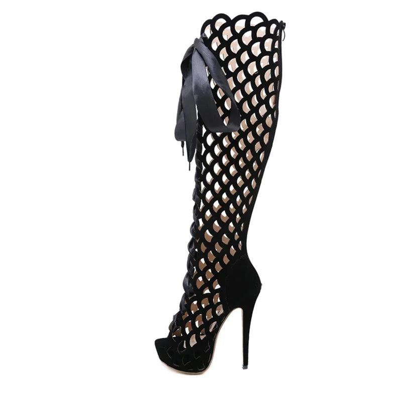 Roman Over-The-Knee Ultra High Heel Hollow-Out Peep Toe Lace-Up Zipper Platform Sandal Boots