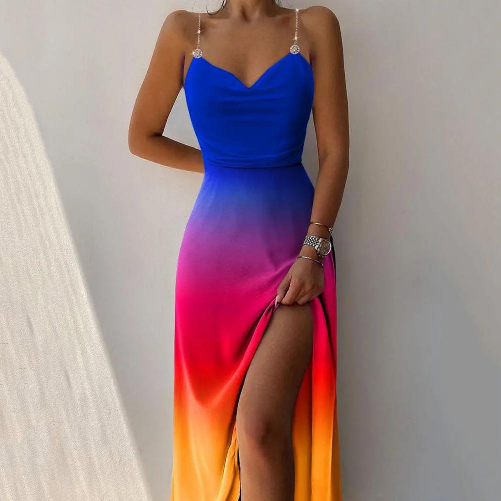 Ombre Rainbow Gradient Colorblock V-Neck Spaghetti Strap Halter Sleeveless High Slit Maxi Dress