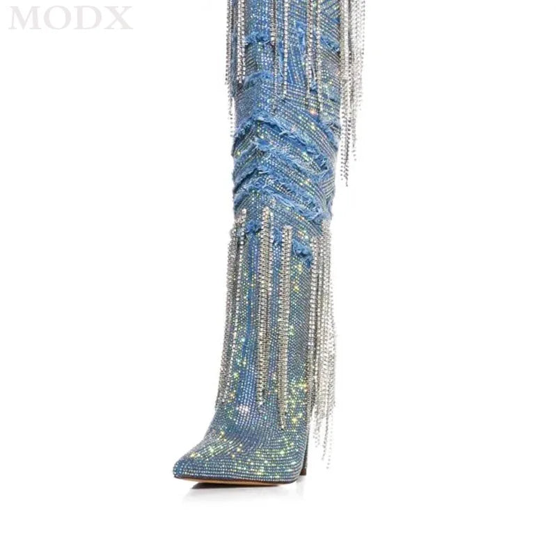 Denim Crystal Metallic Tassel Fringe Rhinestone Embellished Pointed Toe Stiletto Knee-High Western Cowgirl Boots