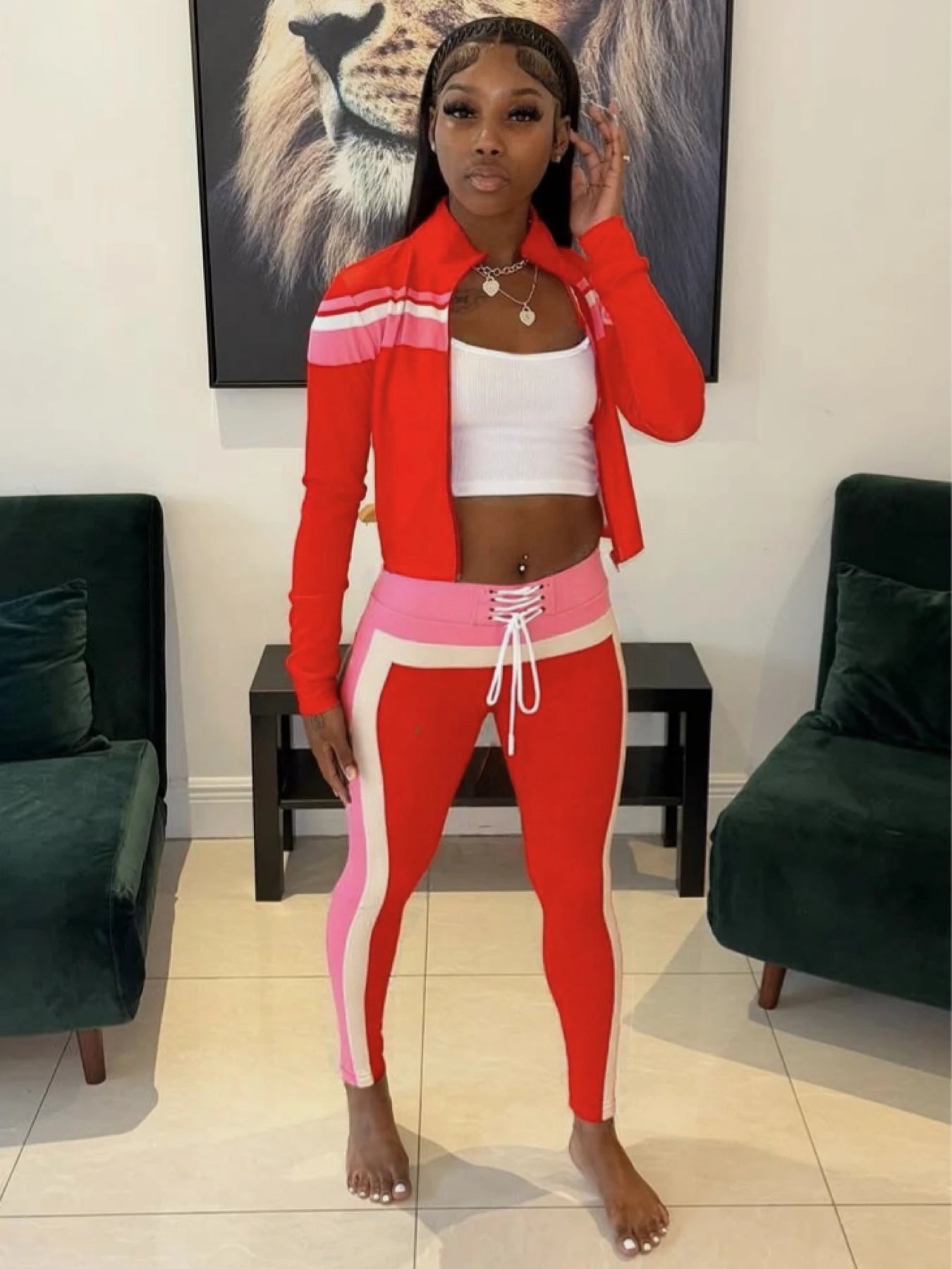 Colorblock Striped Patchwork Women's Long Sleeve Zipper Cropped Sports Jacket + Drawstring Spandex Skinny Leggings Tracksuit