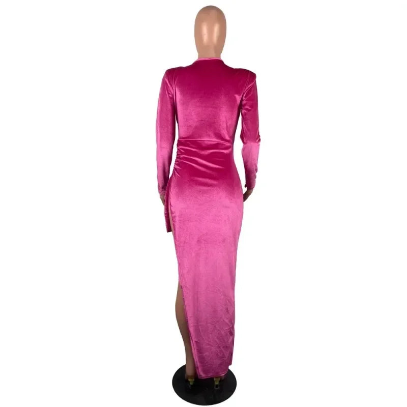 Asymmetrical Velvet V-Neck Long Sleeve Ruched Split Bodycon Maxi Formal Prom/Party/ Club Dress