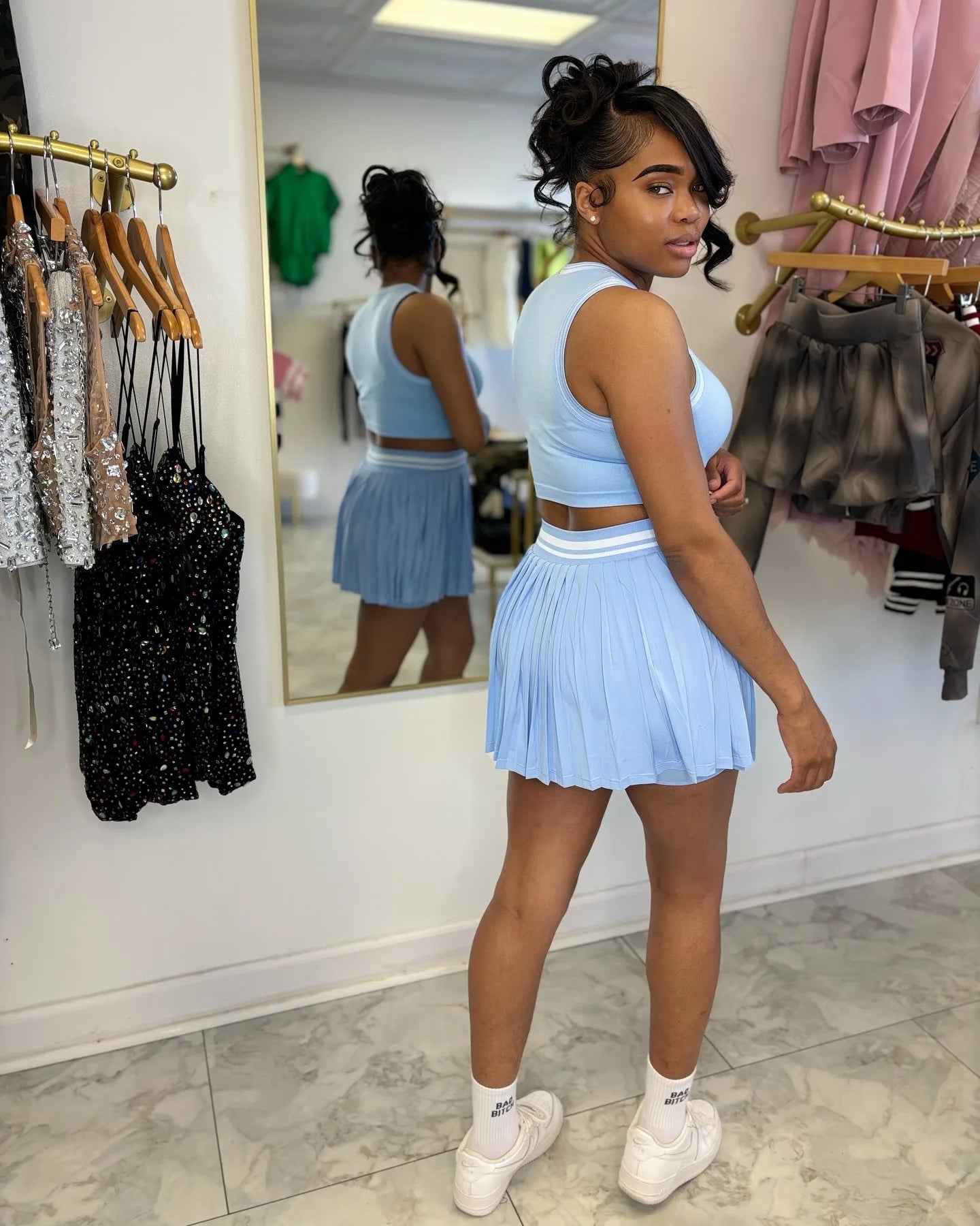 Sleeveless Solid Color O-Neck Crop Tank Top + Pleated Mini Tennis Skirt Women's Fitness 2-Piece Set