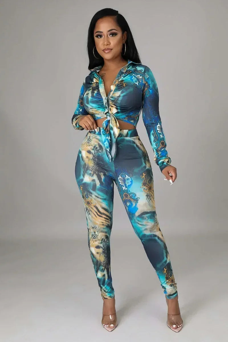 Blue Ocean Floral Print Women's Long Sleeve Blouse + Skin Tight Leggings 2-Piece Set