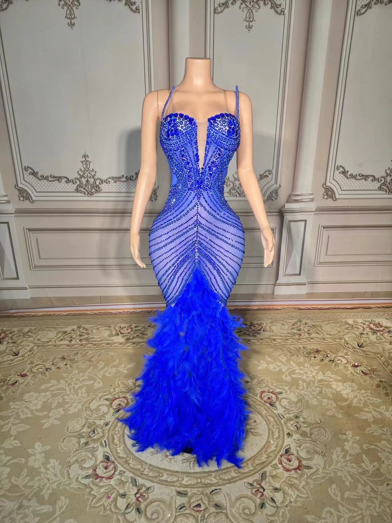 Sparkling Metallic Rhinestone Pearl Feather Detail Sleeveless Floor-length Party/Prom Formal Maxi Dress to 4X Plus Size