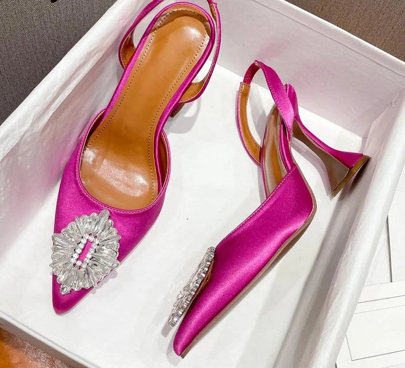 Silk Crystal Pendant Design Low Heel Slingback Mule Pumps