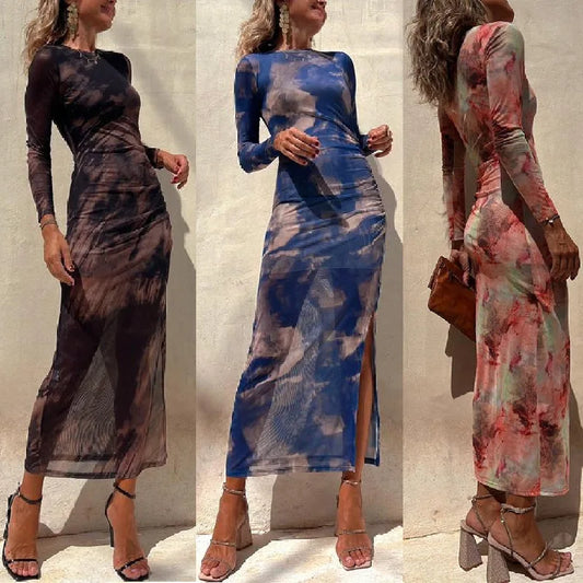 Mesh Floral Transparent Printed Long Sleeved Dress