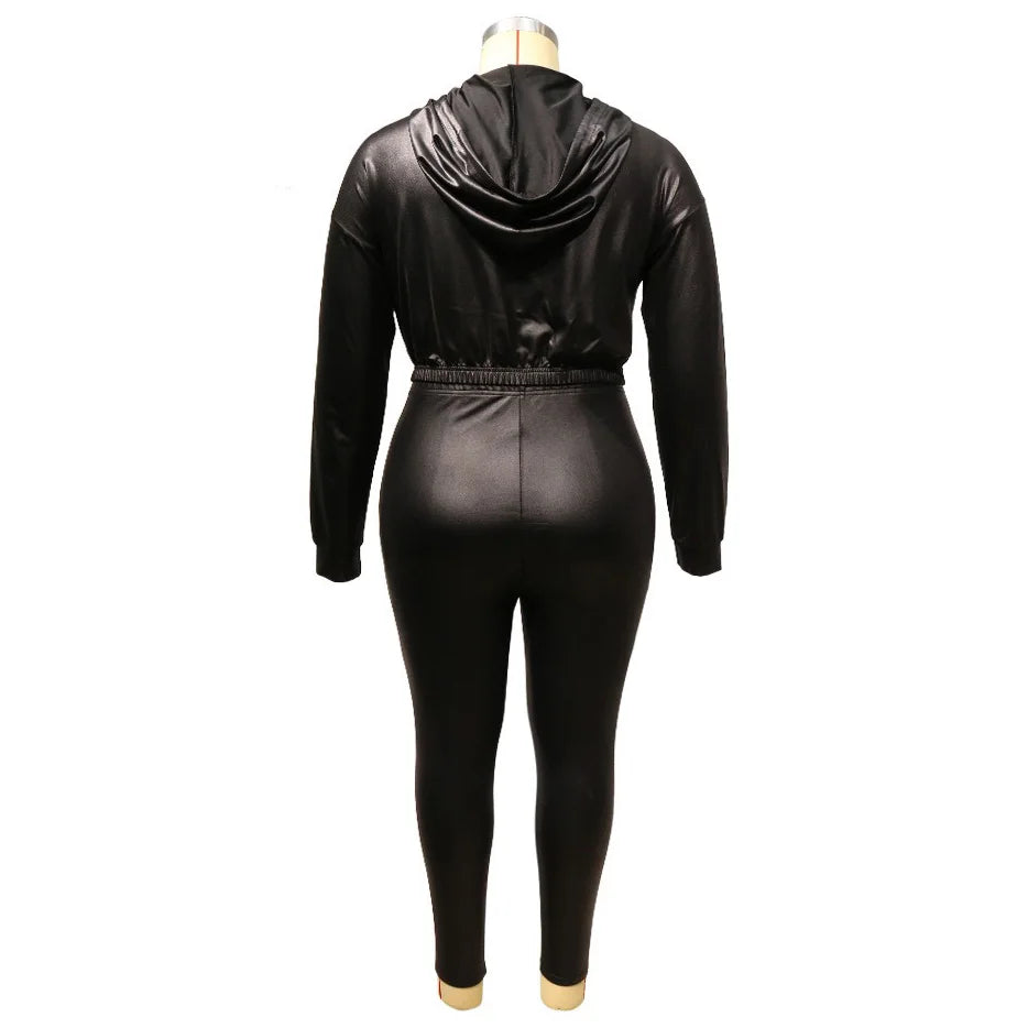 Hooded Drawstring Metallic Faux Leather Solid Color Skinny Jumpsuit to 5X Plus Size