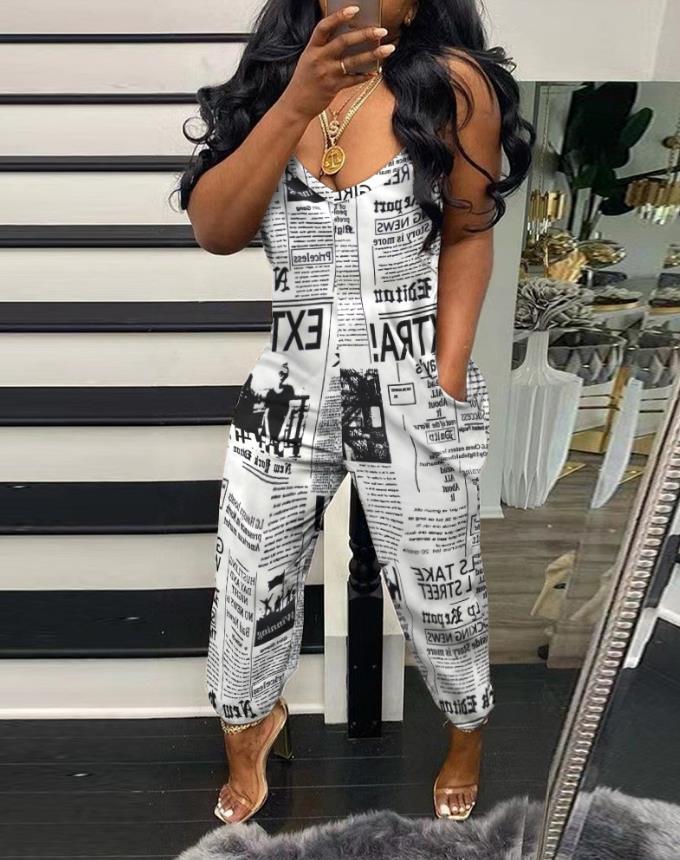 Ombre Gradient/Newspaper Printed V-Neck Spaghetti Strap Harem Pant Jumpsuit w/ Pockets