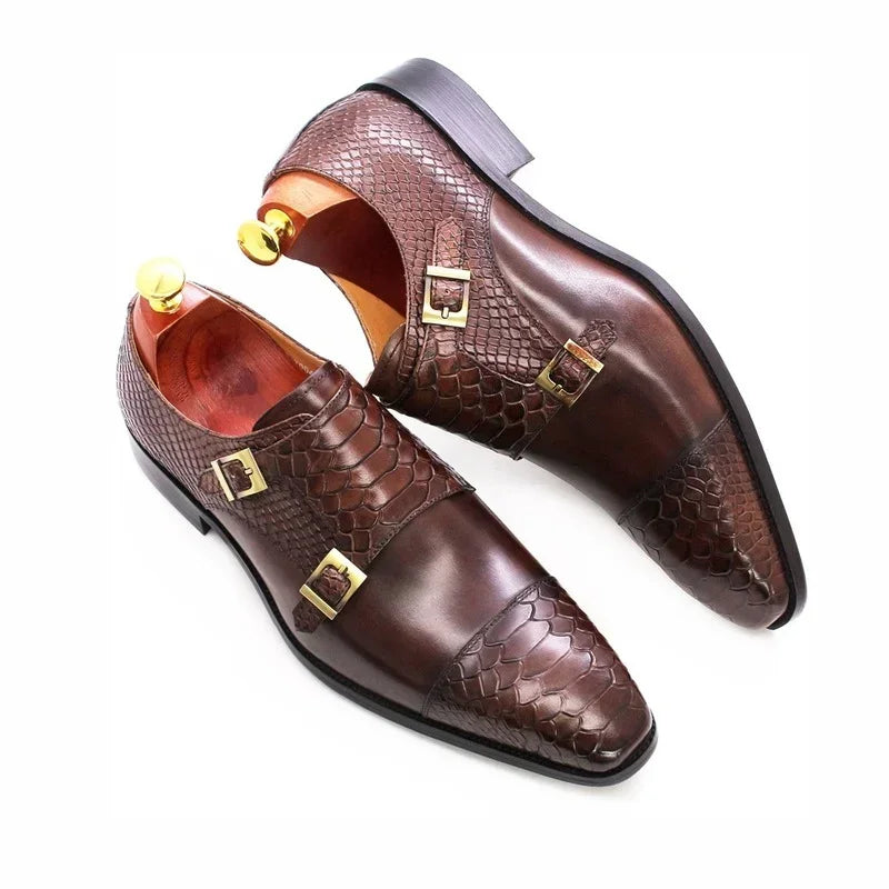 Men's Italian Leather Buckle Strap Design Pointed Toe Oxford Loafer Dress Shoes