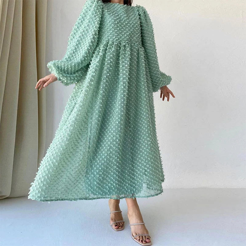 Solid Round Neck Lantern Long Sleeve Big Swing  A-Line Dress