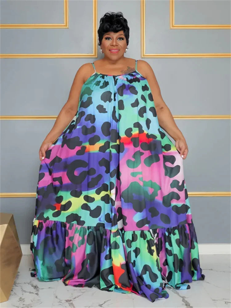 Tiered Hem Rainbow Leopard/Flower Print Sleeveless Fishtail Maxi Dress to 5X Plus Size