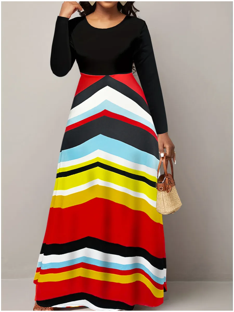 Floral/Camo Leopard/ Polka Dot/Rainbow Colorblock Striped Long Sleeve O-Neck Maxi A-Line Dress to 5X