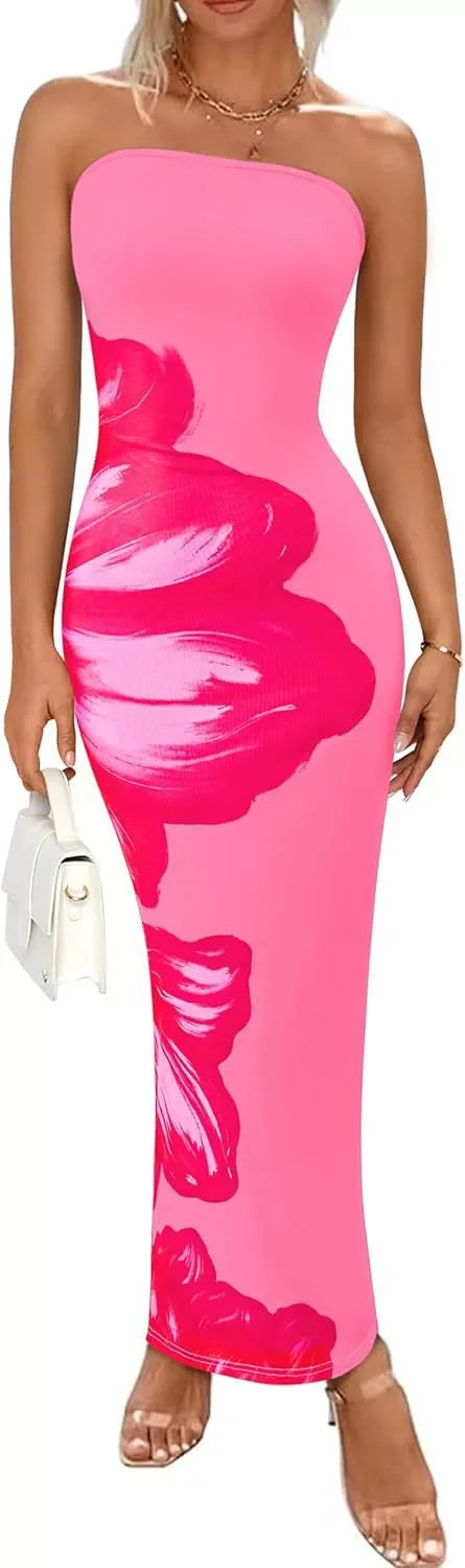 Sleeveless Big Flower Print Bodycon Skinny Maxi Tube Dress