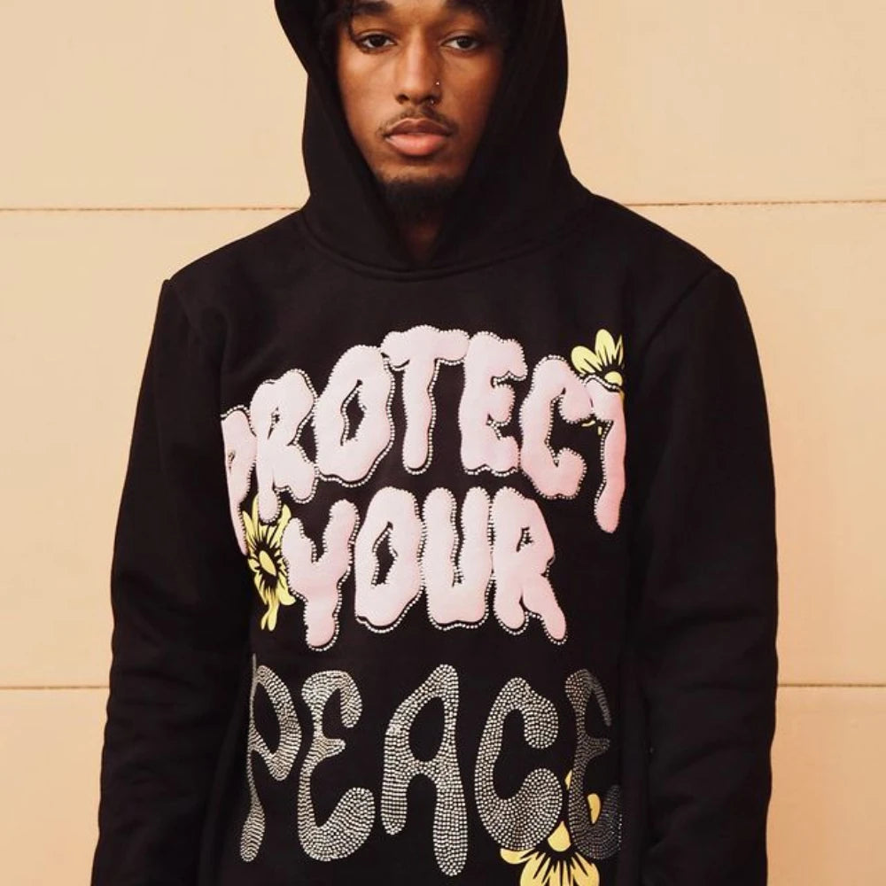 "PROTECT YOUR PEACE" Embroidered Unisex Hip Hop Hot Diamond Hoodie Sweatshirt