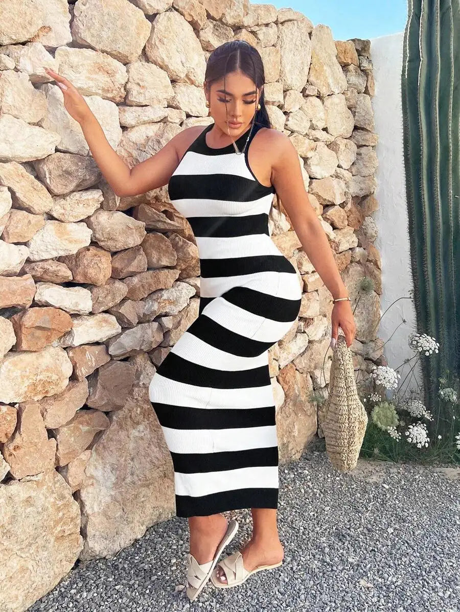 Sleeveless Black/White Horizontal Striped Ribbed Bodycon Skinny Maxi Dress