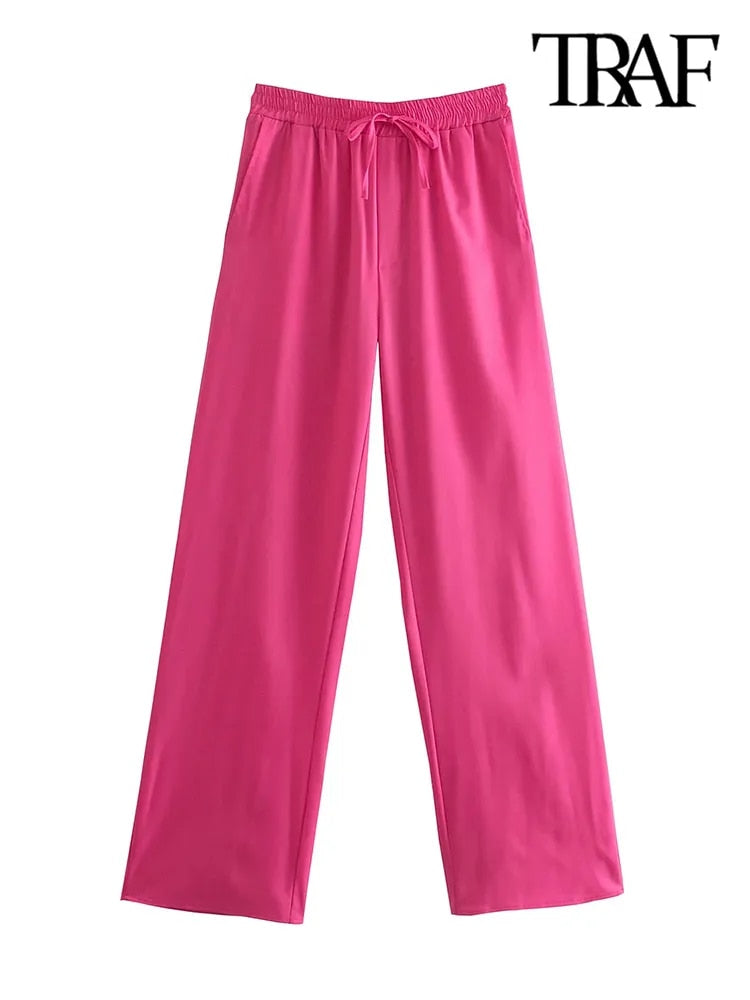 Loose Wide Leg Pants Vintage High Elastic Waist Drawstring Ladies Pants