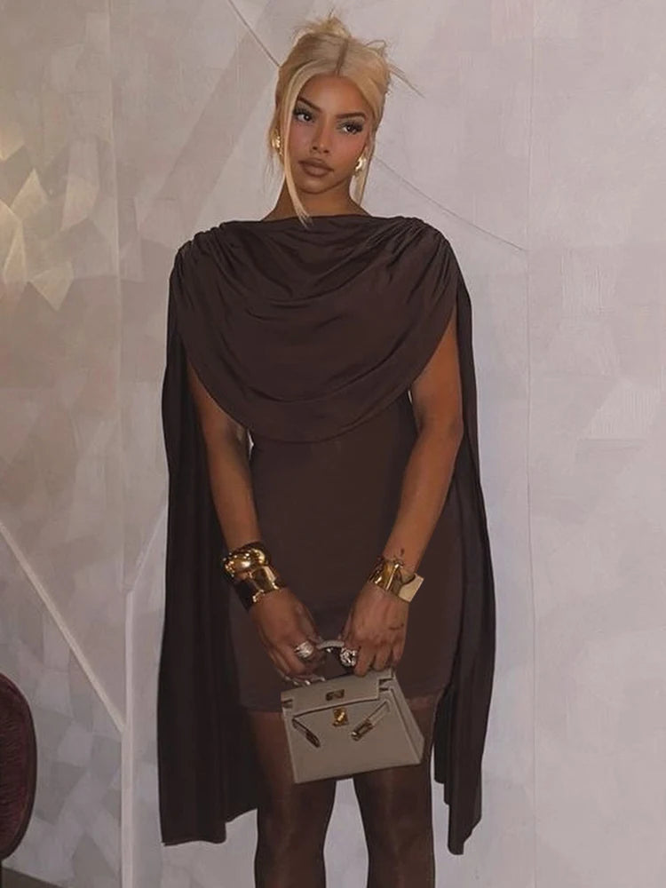 Brown Ruched Oversized Shawl Train Design Patchwork O-Neck Sleeveless Mini Bodycon Party Dress