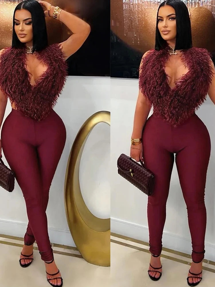 Sleeveless Faux Fur Tassel Lace-Up Halter Women's V-Neck Backless Vest + Elastic Leggings 2-Piece Set