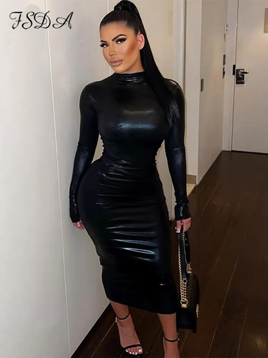 Bodycon Turtleneck Long Sleeve PU Leather Maxi Dress