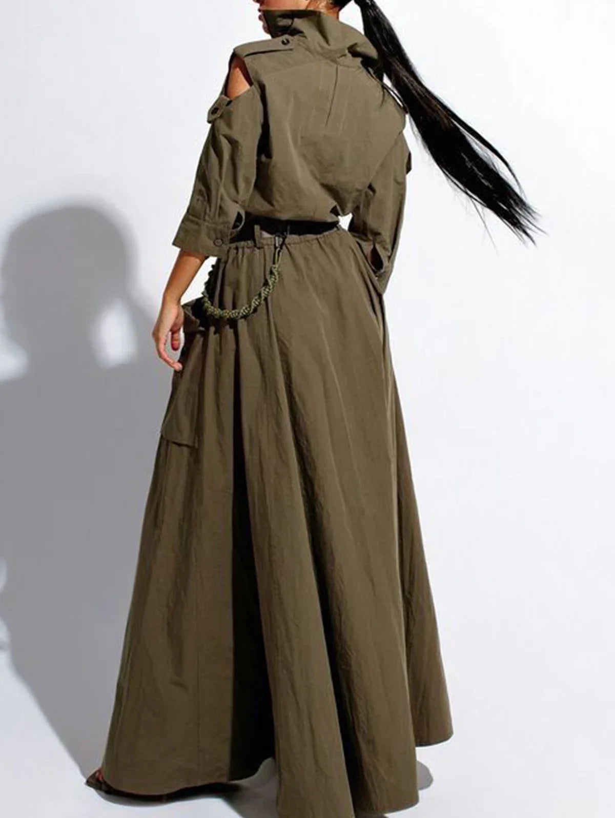 Retro Cargo Pocketed Turn-Down Collar Cut-Out Shoulder 1/2 Sleeve Zipper High Slit Flared Wide Maxi Dress