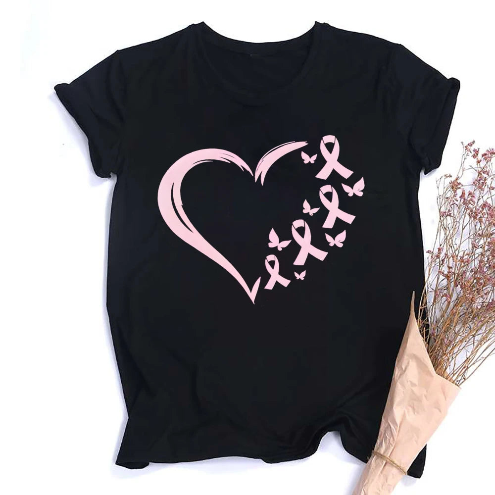 Heart Print Women's Pink Ribbon Breast Cancer Awareness T-Shirt