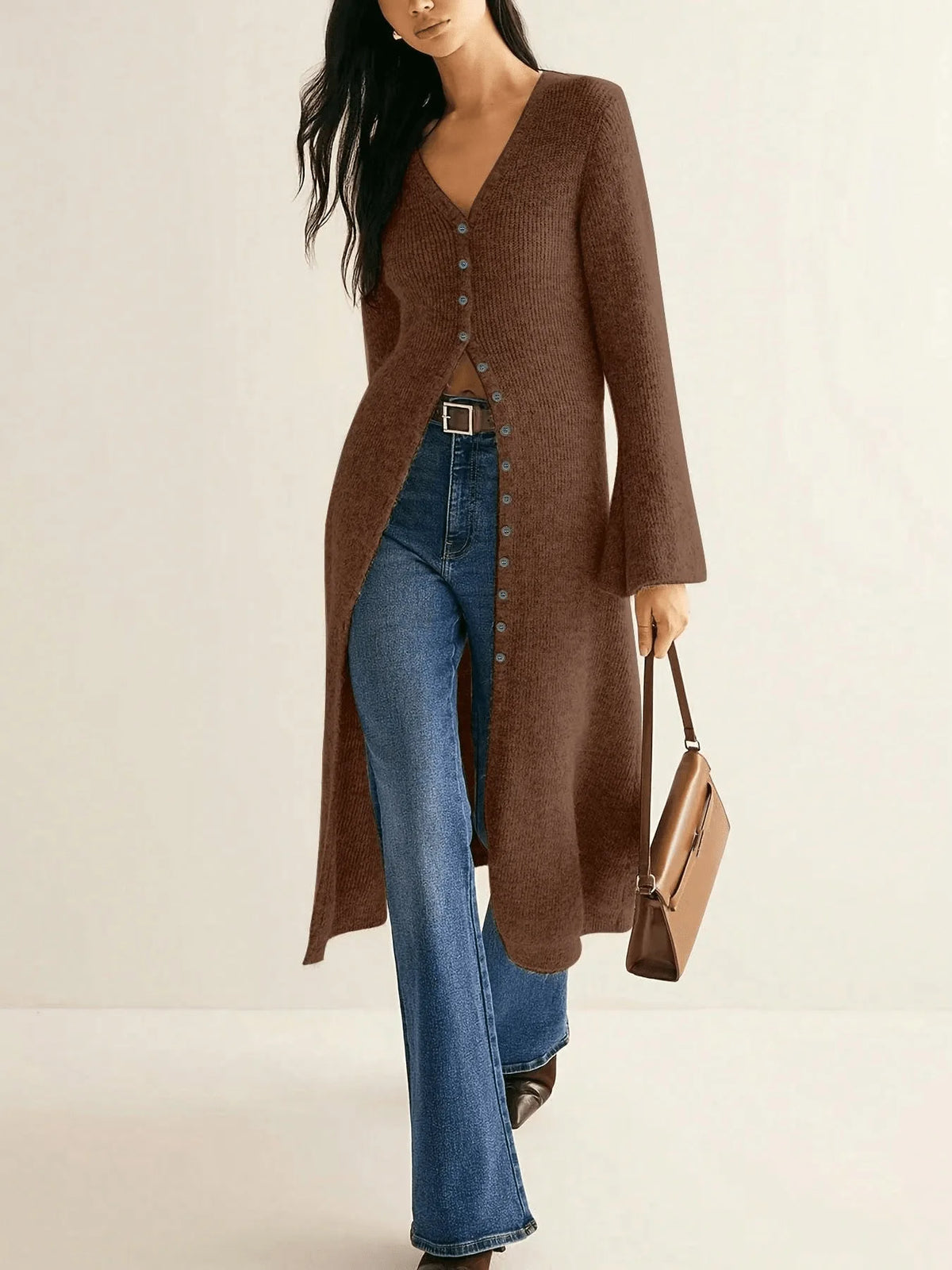 Knitted Long Flared Sleeve Button Front Bodycon Women's Maxi Sweater