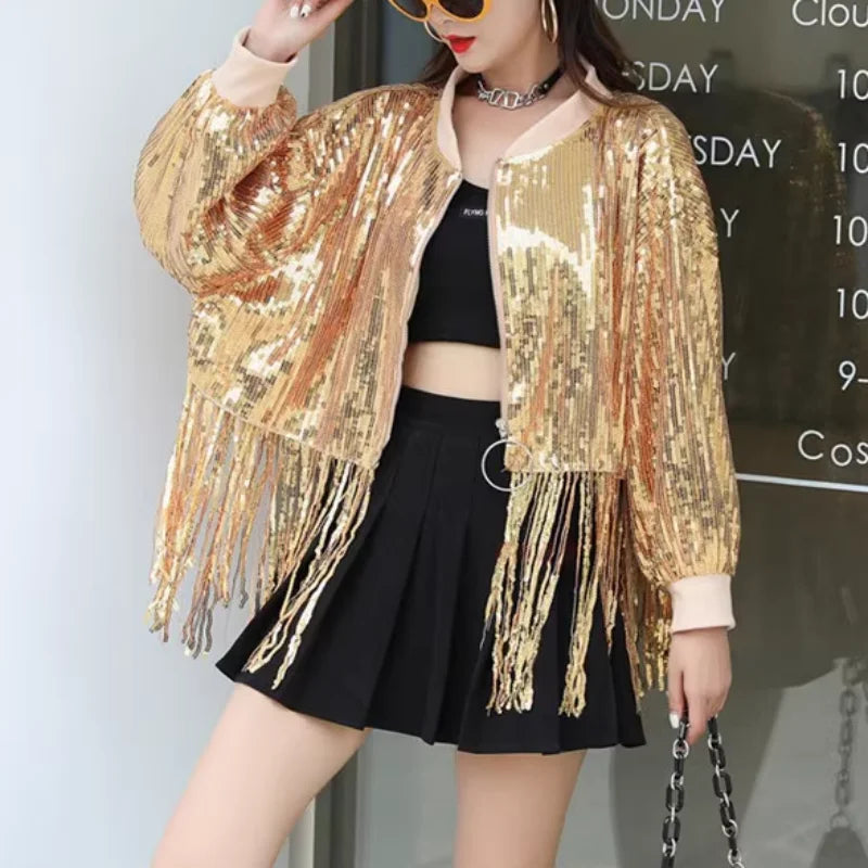 Sparkling Sequin Long Sleeve Fringe Tassel Patchwork O-Neck Streetwear Hip-Hop  Women's Bomber Jacket