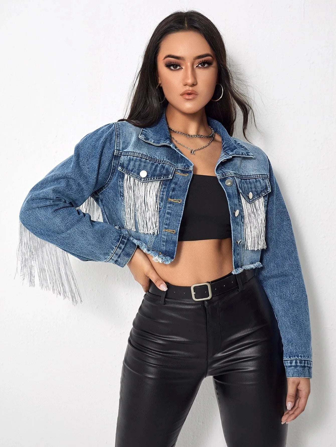 Women's Fringe Jacket Tassel Cropped Denim Jacket Raw Hem Ripped Crop Jean Jackets