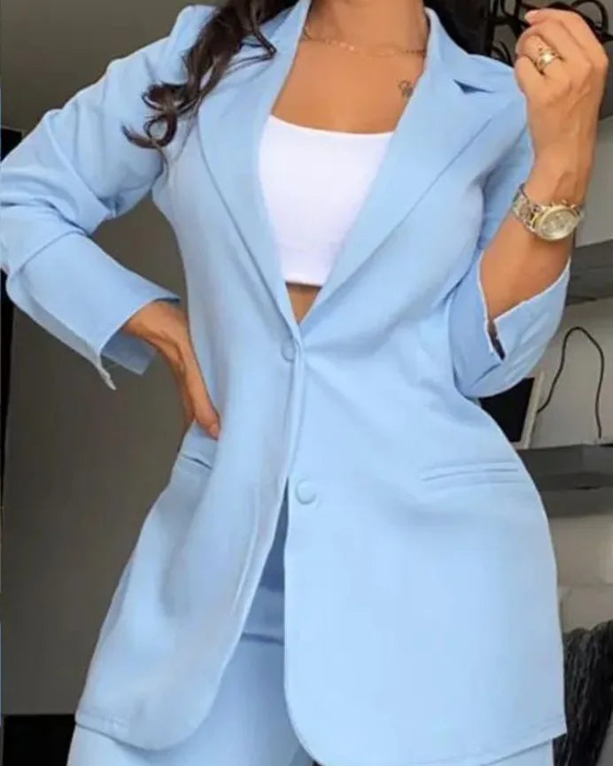 Solid Color Women's Notched Collar Blazer Jacket & Pocket Design Pants Office Commuter Suit
