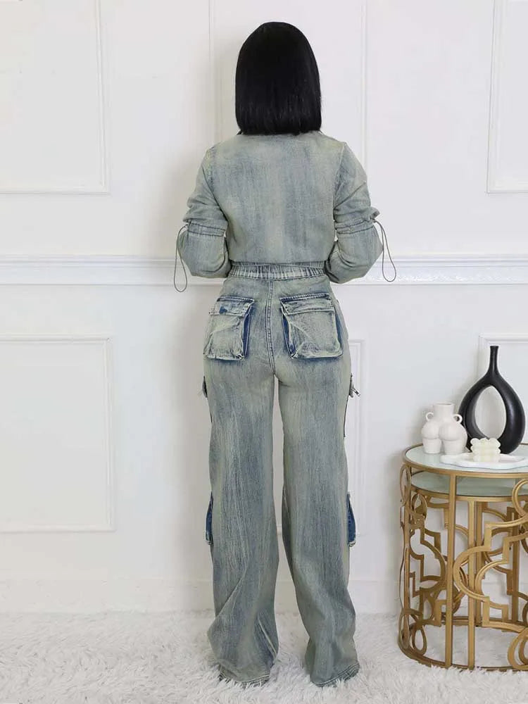 Faded Denim Light Blue Buckle Strap Detail Women's Long Sleeve Zipper Jean Jacket + Streetwear Cargo Pocketed Jeans 2-Piece Set