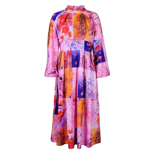 Petal Stand Collar Long Lantern Sleeve African Dress