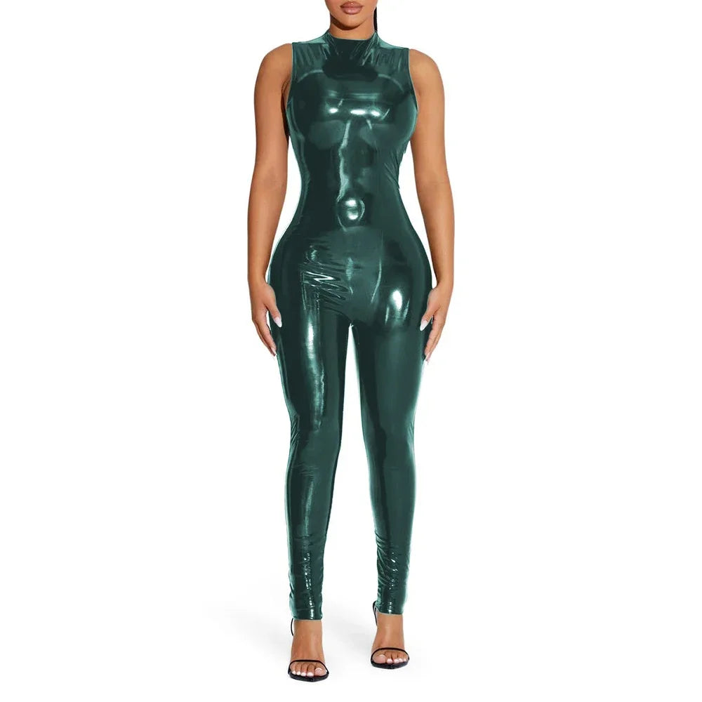 Shiny Solid Color Sleeveless PVC PU Leather Women's Pants Jumpsuit