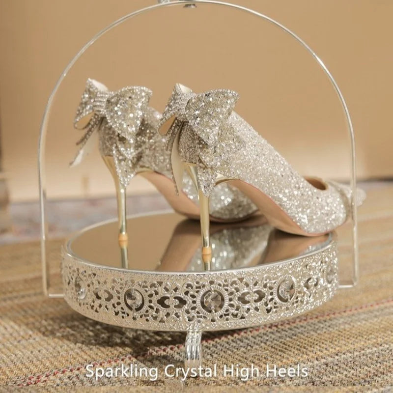 Crystal Bling Butterfly Knot Women's Pumps Pointed Toe Thin High Heel Wedding Pumps