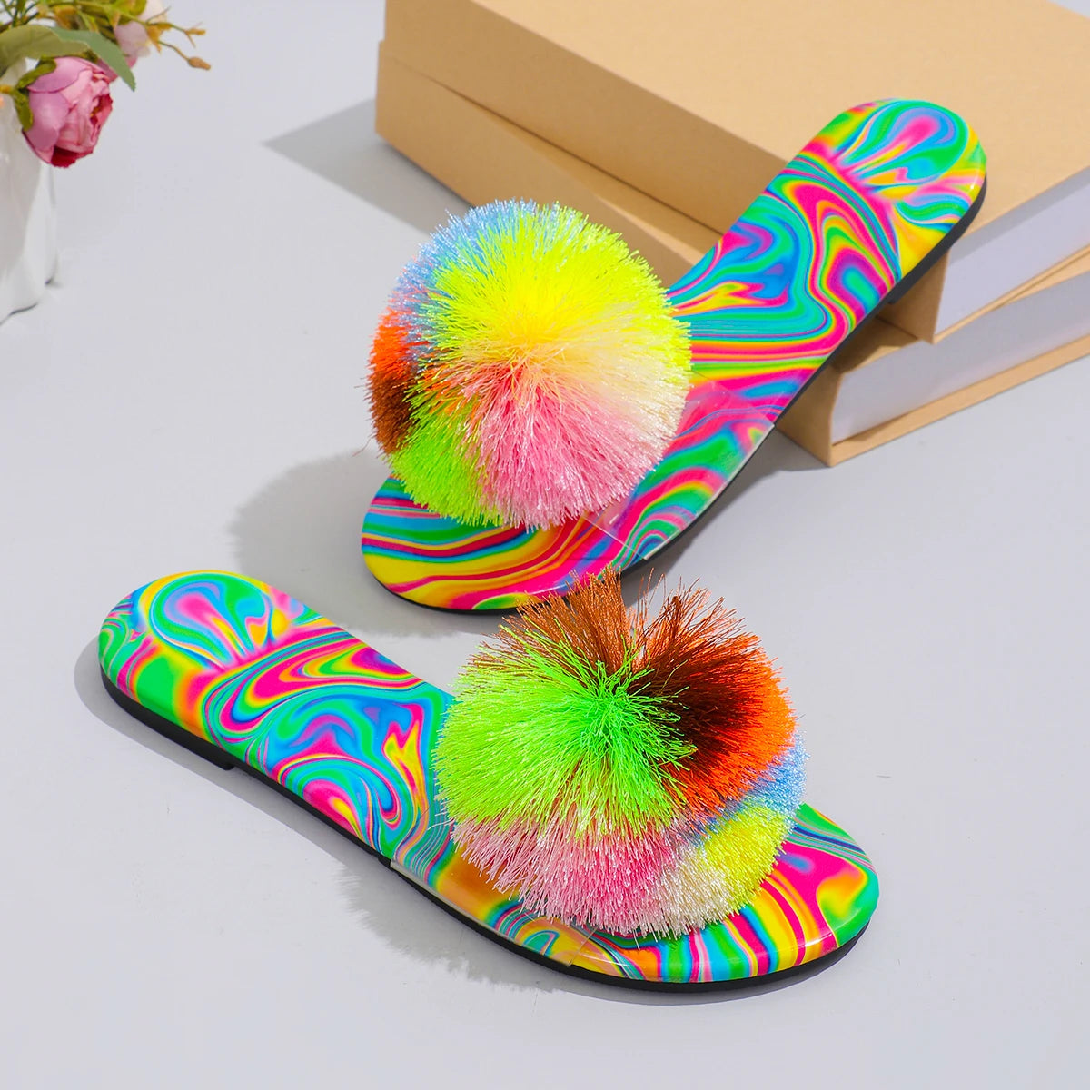 Rainbow Tie-Dye PomPom/Cross Strap Open Toe Flat Ladies Sandals