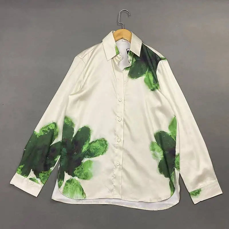 Floral Stain Print Button-Up Blouse + Elastic Waist Wide Leg Pants Women's Casual 2-Piece Sets
