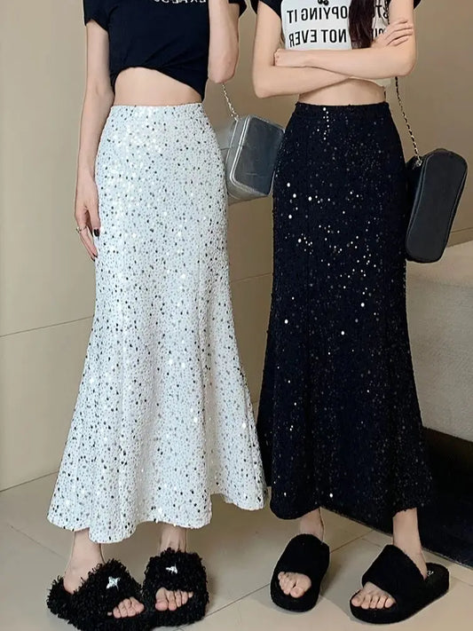 Sequined Glitter Solid Fishtail Mermaid Wrap Hip Maxi Skirt