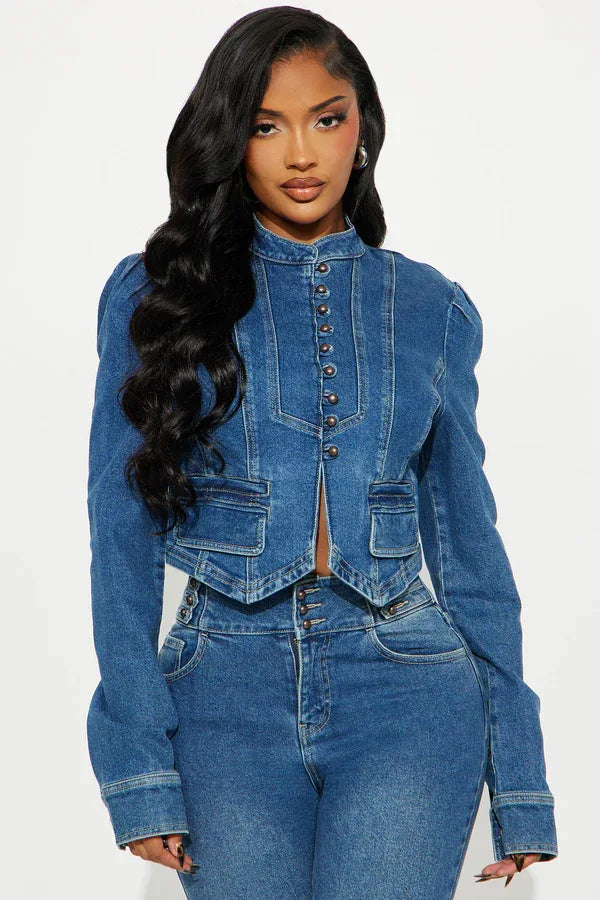 Denim Blue Mandarin Collar Women's Crop Jean Jacket + Jeans Matching 2-Piece Set